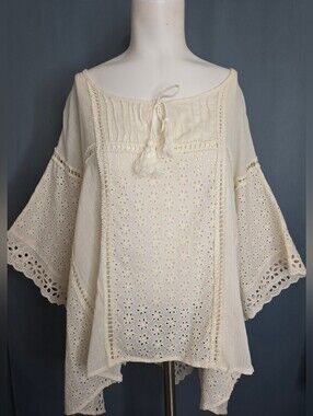 Coco +jaimeson Cream Bohemian Tunic With Kimono Sleeves Eyelet Lace Top S NWOT